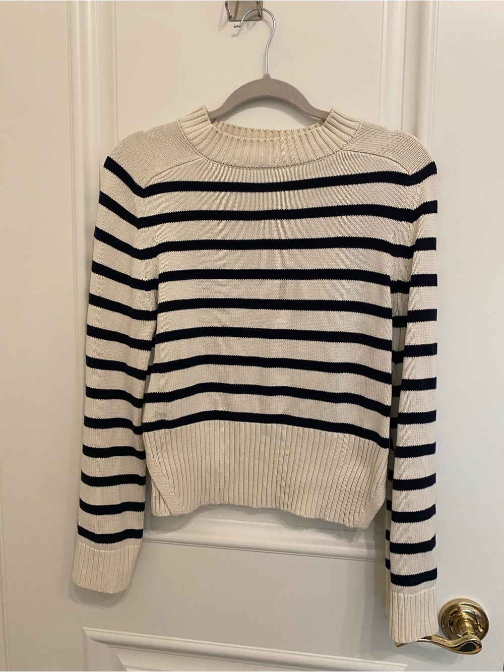 Massimo Dutti Cream and Black Striped Crewneck Sweater